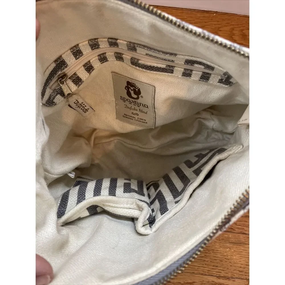 SPARTINA City Market Dixie Shoulder Bag De Renne Gray‎ Cream White Linen Leather